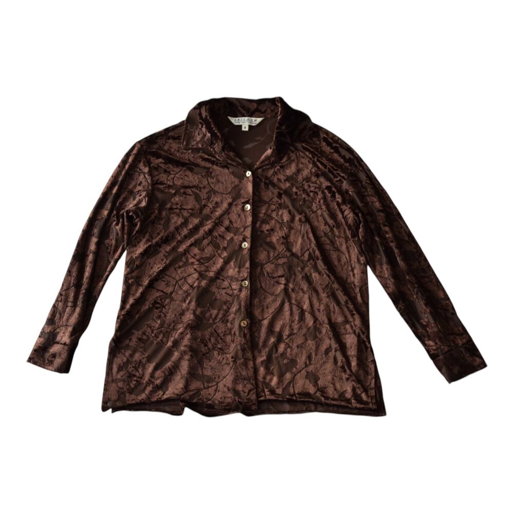 Vintage 90s Dark Brown Floral Sheer Velvet Blouse Size Medium
